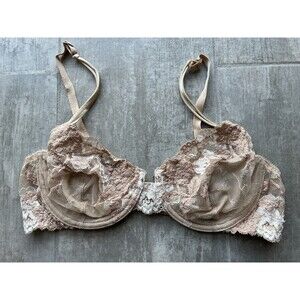 $68 NATORI Bra 36B Nude Beige Underwire UnLined Lace Delicate Lingerie Bra